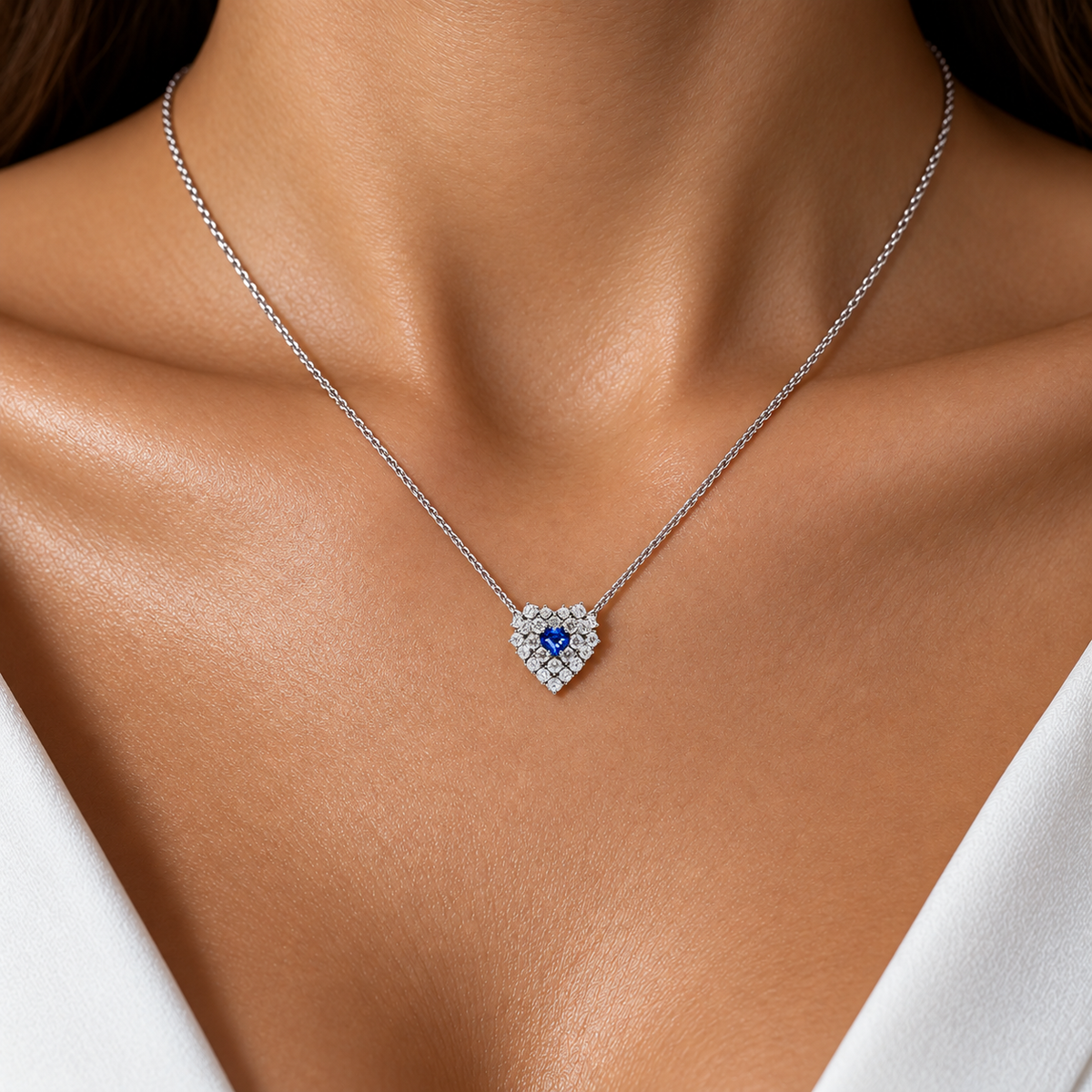 Collana cuore Astralia con zaffiro ct 1,05 e diamanti ct 2,72 in oro bianco 18kt (750) certificazione AIG MILAN