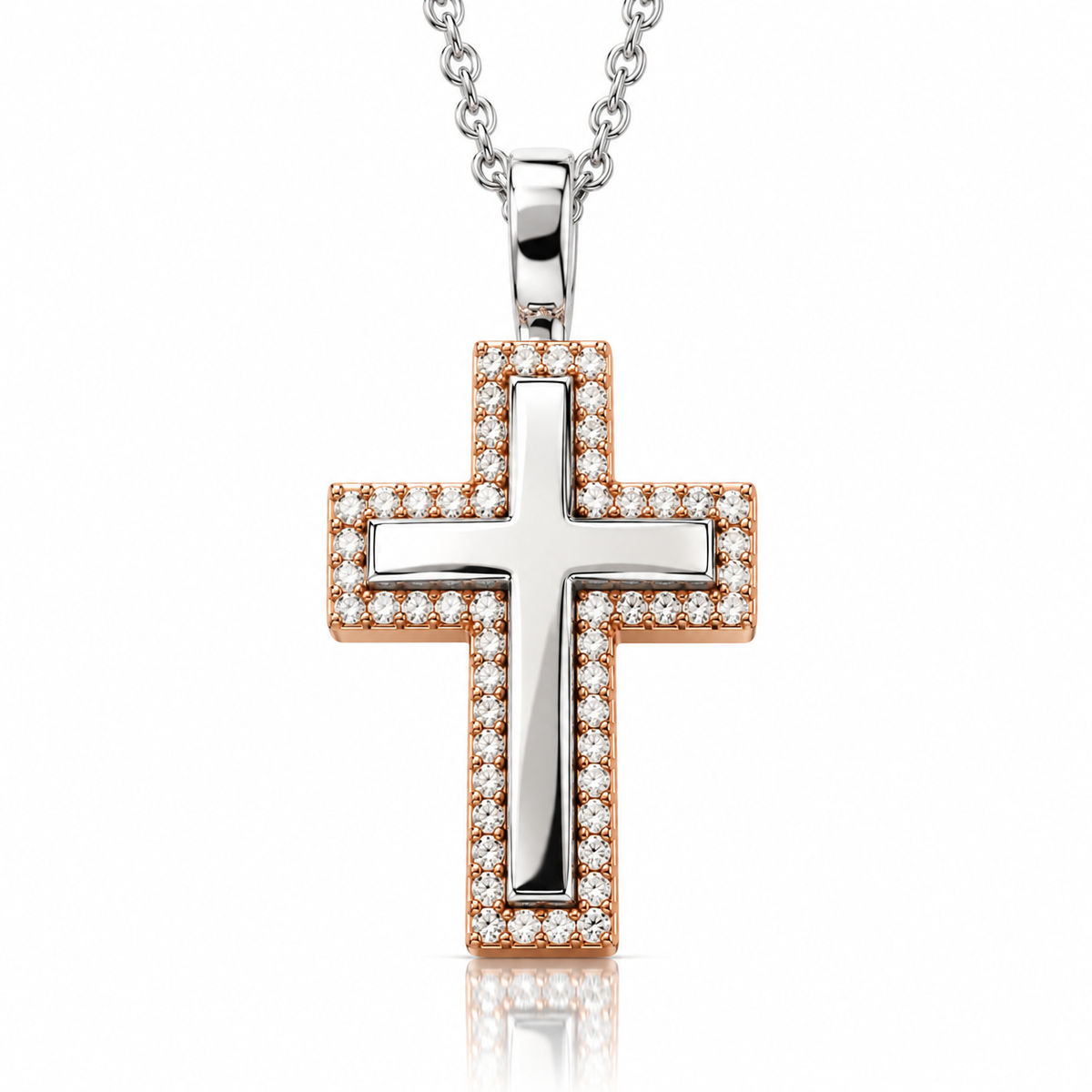 Collana Croce specchiata con diamanti ct 0,81 in oro bianco e rosa 18kt (750)