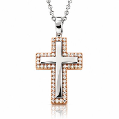 Collana Croce specchiata con diamanti ct 0,81 in oro bianco e rosa 18kt (750)