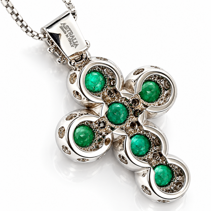 Collana Croce magic con diamanti ct 0,29 e smeraldi ct 0,30 in oro bianco 18Kt (750)