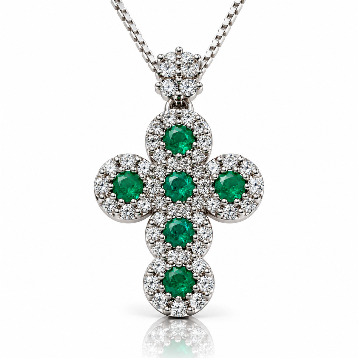 Collana Croce magic con diamanti ct 0,29 e smeraldi ct 0,30 in oro bianco 18Kt (750)