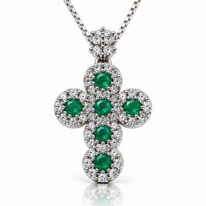 Collana Croce magic con diamanti ct 0,29 e smeraldi ct 0,30 in oro bianco 18Kt (750)
