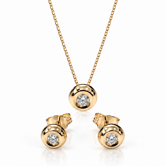 Parure collana con pendente e orecchini a bottone con diamanti bianchi naturali ct 0,25 in oro giallo 18kt (750)