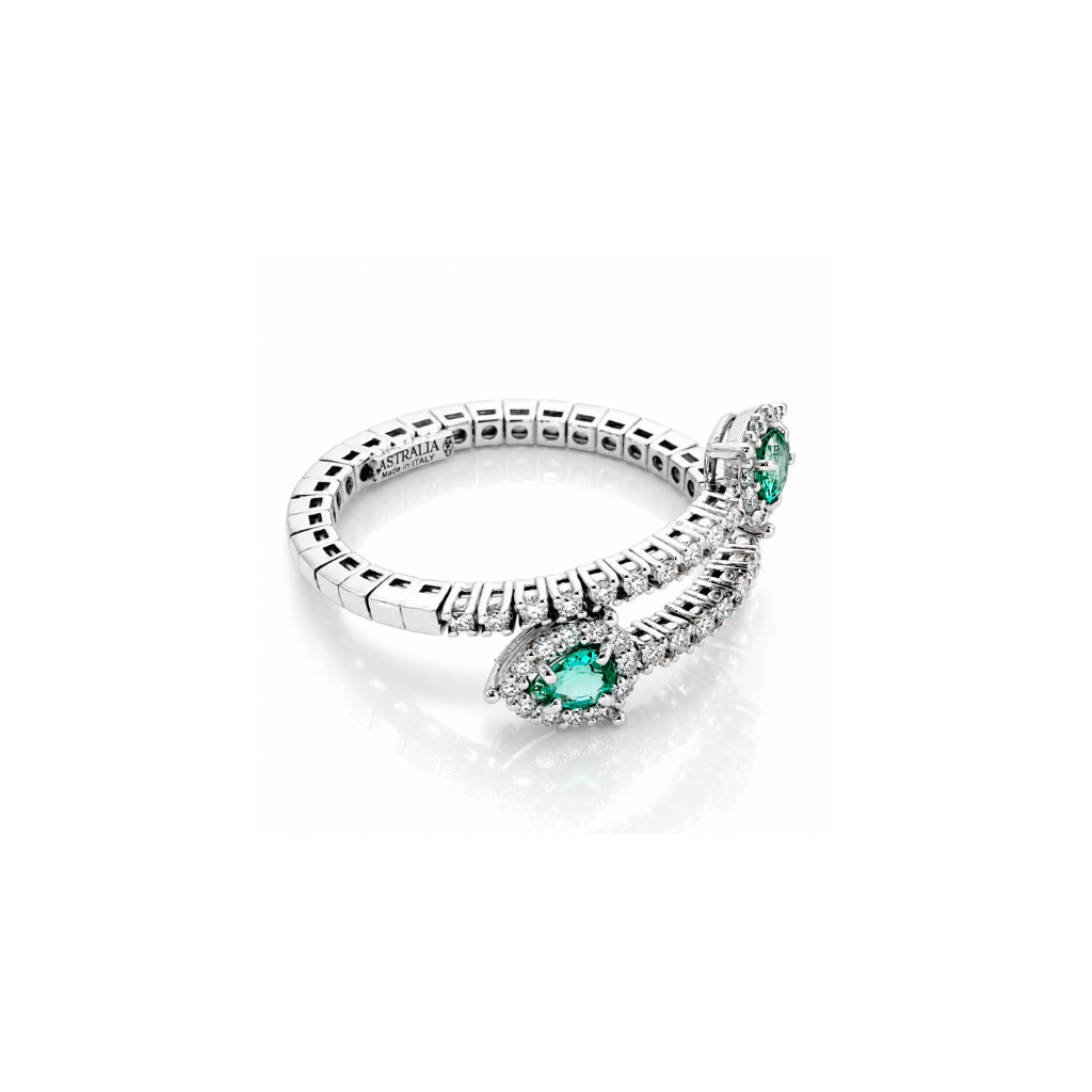 Anello contrarié "Astralia" con diamanti ct 0,50 e smeraldi a goccia ct 0,60 in oro bianco 18kt (750)