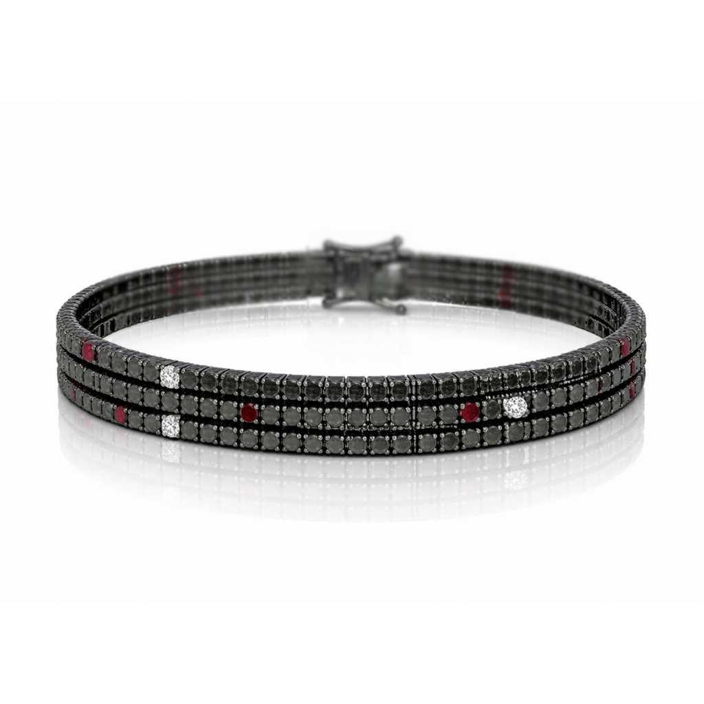 Bracciale Tennis a tre fili con diamanti neri ct 3,42 e diamanti bianchi ct 0,46 e rubini ct 0,26 in oro bianco brunito 18kt (750) - 19cm