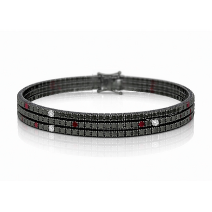 Bracciale Tennis a tre fili con diamanti neri ct 3,42 e diamanti bianchi ct 0,46 e rubini ct 0,26 in oro bianco brunito 18kt (750) - 19cm