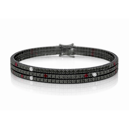 Bracciale Tennis a tre fili con diamanti neri ct 3,42 e diamanti bianchi ct 0,46 e rubini ct 0,26 in oro bianco brunito 18kt (750) - 19cm