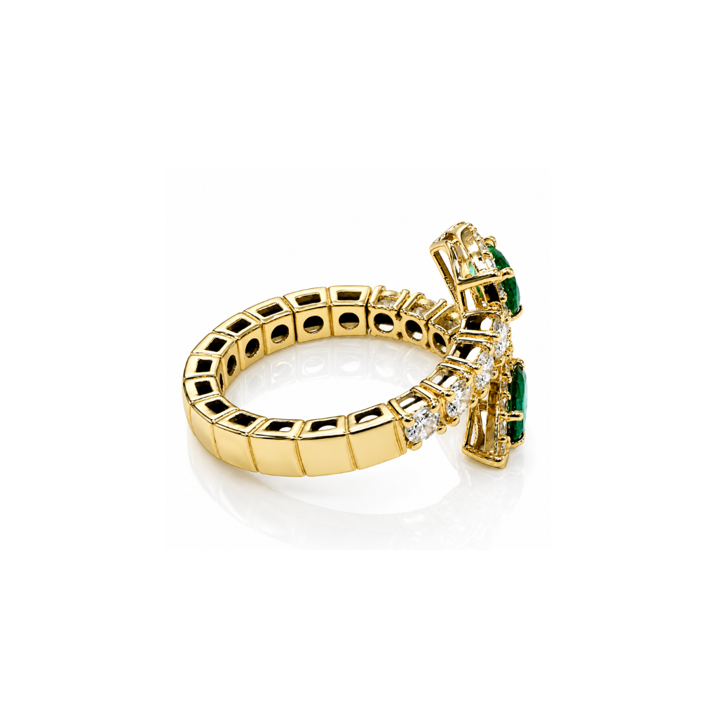 Anello contrarié diamanti 0,86 ct e smeraldo a goccia ct 0,70 in oro giallo 18kt (750)