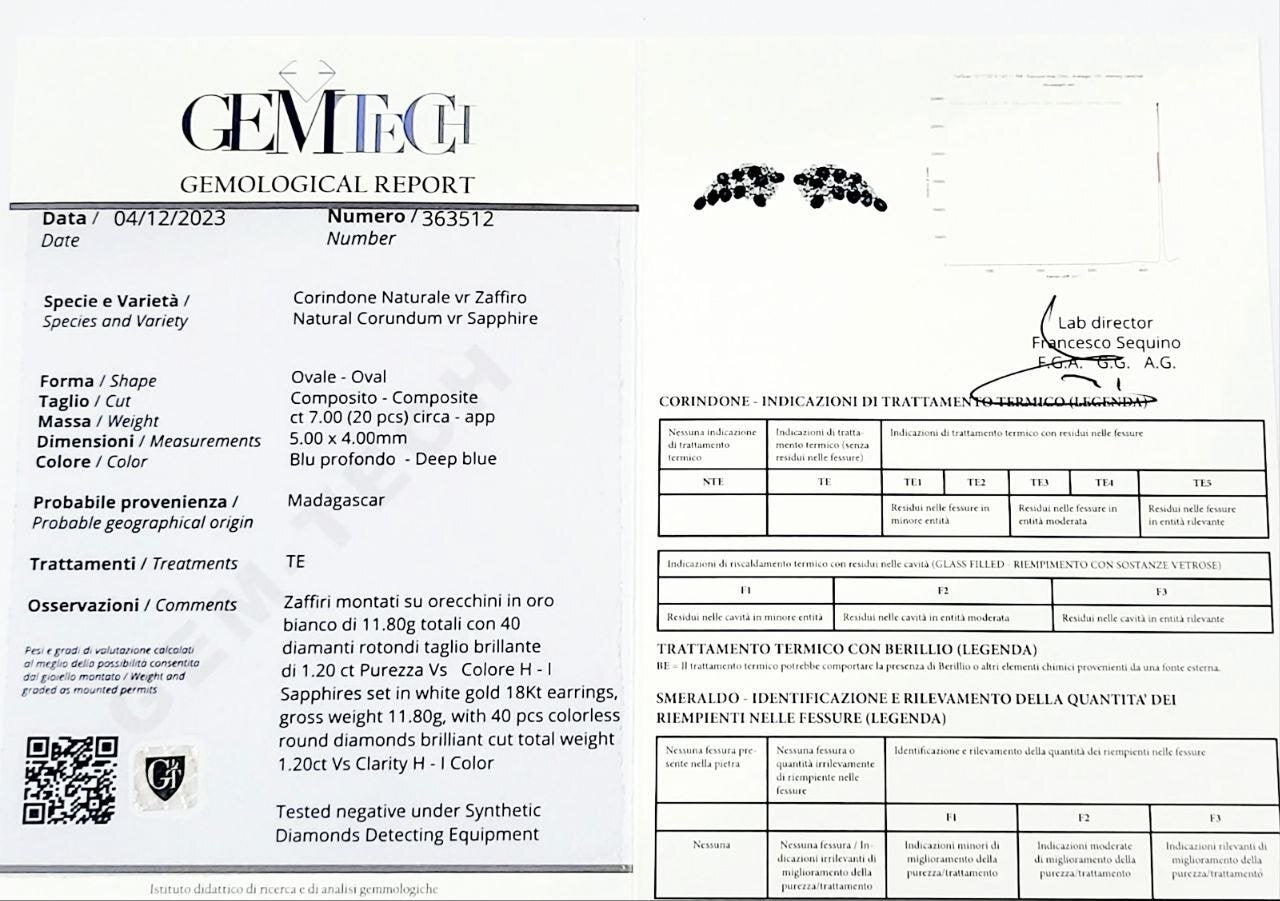 Orecchini pendenti con Zaffiro e Diamanti in oro bianco 18kt (750) certificato Gem Tech