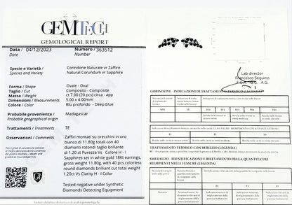 Orecchini pendenti con Zaffiro e Diamanti in oro bianco 18kt (750) certificato Gem Tech