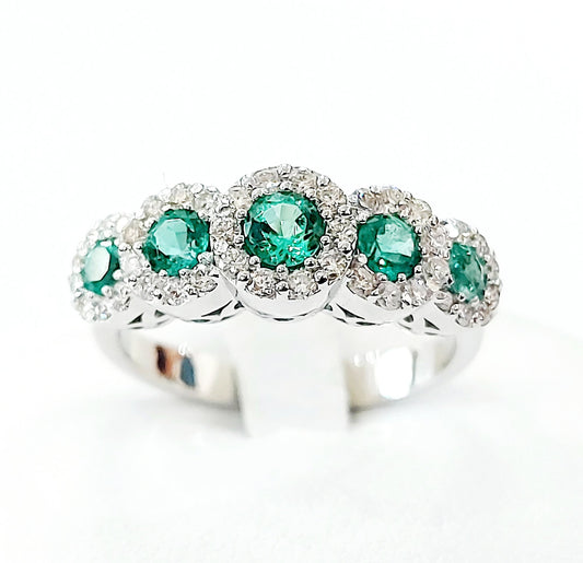 Anello veretta a 5 magic Astralia con diamanti 0,35 ct e smeraldi 0,75 ct in Oro Bianco 18 kt (750)