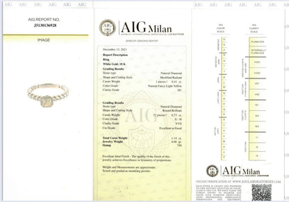 Anello Riviera solitario con Diamante Fancy 0,41 ct e Diamanti 0,73 ct in Oro Bianco con certificazione gemmologica AIG Milan 18 Kt (750)
