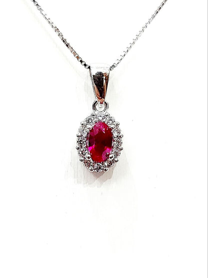 Collana pendente Donna  Rubino ovale 0,55 ct  Diamanti 0,15 ct  Oro Bianco18 kt-750
