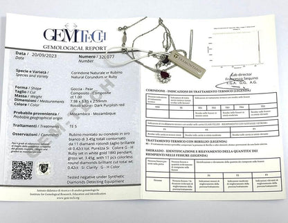 Collana pendente  Rubino 1,00 ct eDiamanti 0,42 ct Oro Bianco 18KT-750 certificato GEM-TECH