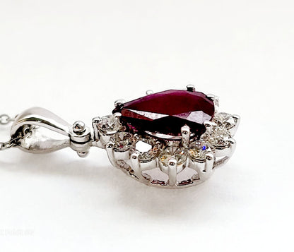 Collana pendente  Rubino 1,00 ct eDiamanti 0,42 ct Oro Bianco 18KT-750 certificato GEM-TECH