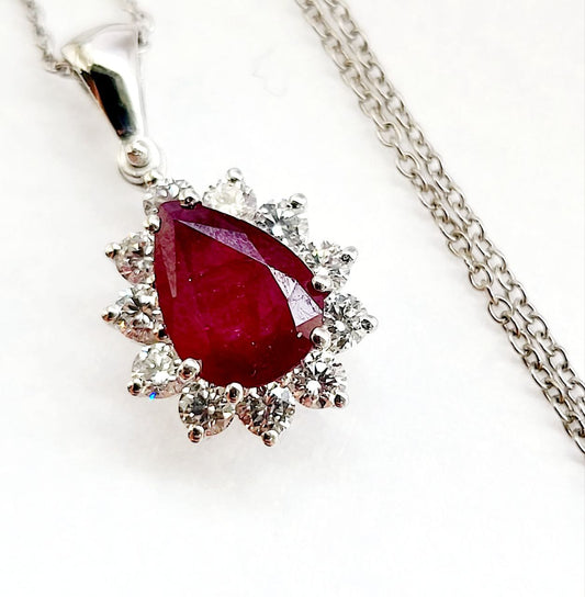 Collana pendente  Rubino 1,00 ct eDiamanti 0,42 ct Oro Bianco 18KT-750 certificato GEM-TECH