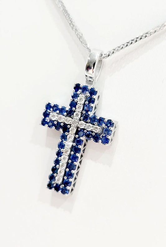 Collana  pendente Croce Oro Bianco 18kt -750 Diamanti naturali  ct 0,26 ct e Zaffiri blu ct 1,20