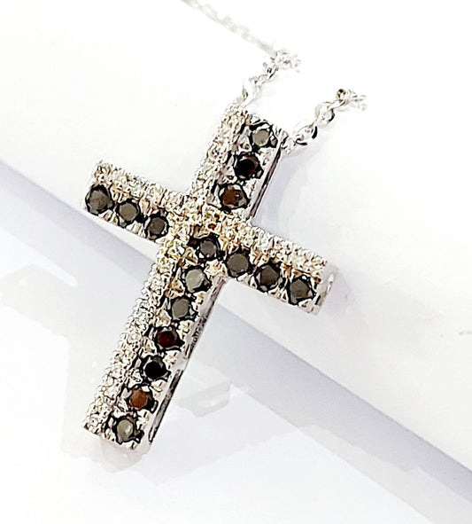 Collana pendente Croce Oro Bianco 18kt-750  Diamanti bianchi ct 0,28 Diamanti Neri ct 0,32