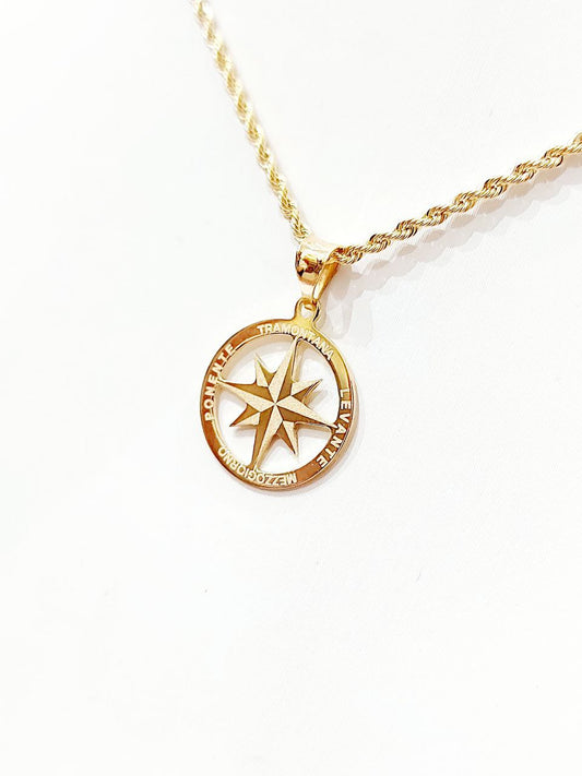 Collana funetta con pendente Rosa Dei Venti in Oro Giallo 18kt (750) - Oreficeria