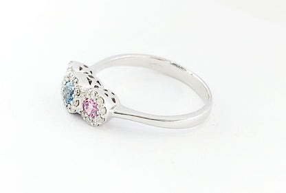 Anello trilogy modello magic con Zaffiro Rosa Acquamarina e Diamanti Naturali Taglio brillante Oro Bianco 18kt-750