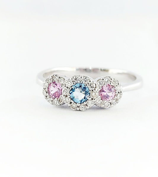 Anello trilogy modello magic con Zaffiro Rosa Acquamarina e Diamanti Naturali Taglio brillante Oro Bianco 18kt-750