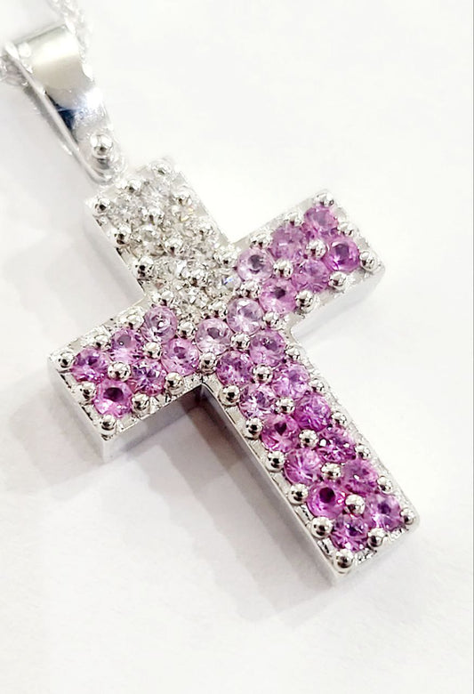 Collana con Croce in pave' Oro Bianco 18kt -750 Diamanti Bianchi ct 0,14 Zaffiro Rosa ct 0,48