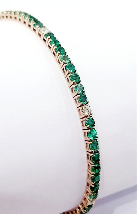 Bracciale Tennis unisex Oro Rosa 18kt-750 -21 cm con Smeraldo ct 4,58 e Diamanti ct 0,46