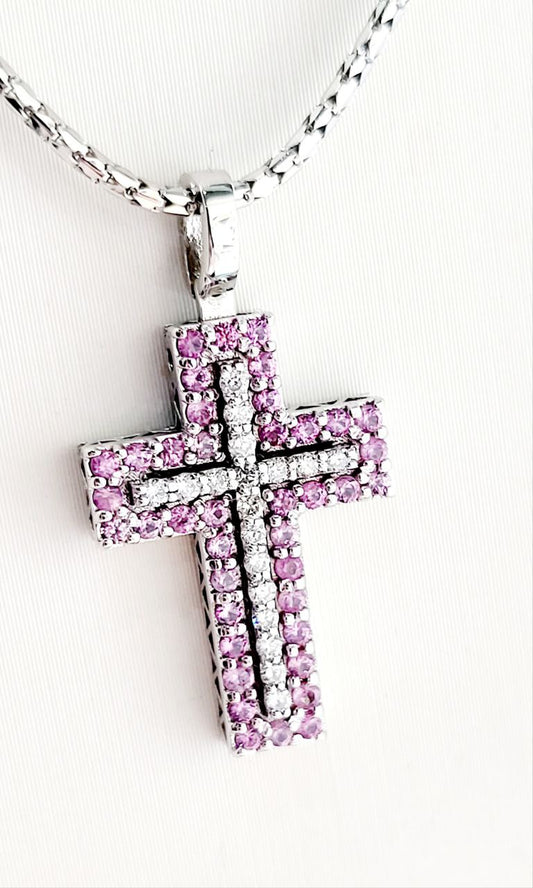 Collana con Croce in pave' Oro Bianco 18kt -750 Diamanti Bianchi ct 0,10 Zaffiro Rosa ct 0,58