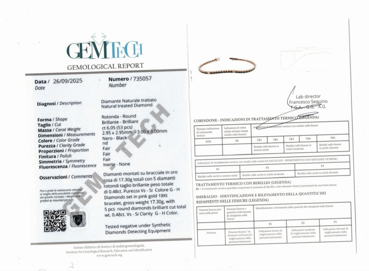 Bracciale Tennis Oro Rosa   18kt-750 Diamanti Neri ct 6,05 Diamanti Bianchi ct 0,48- Certificato Gem Tech