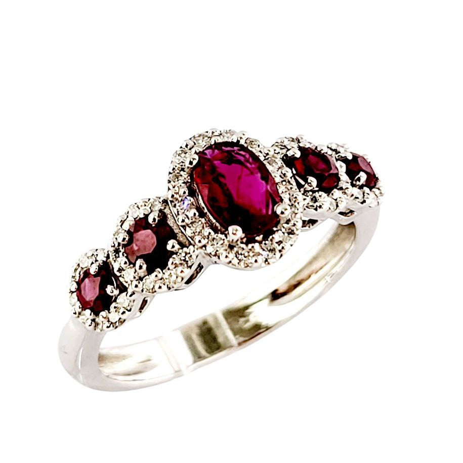 Anello veretta in Oro bianco 18k con Diamanti ct 0,32 e Rubini ct 0,74