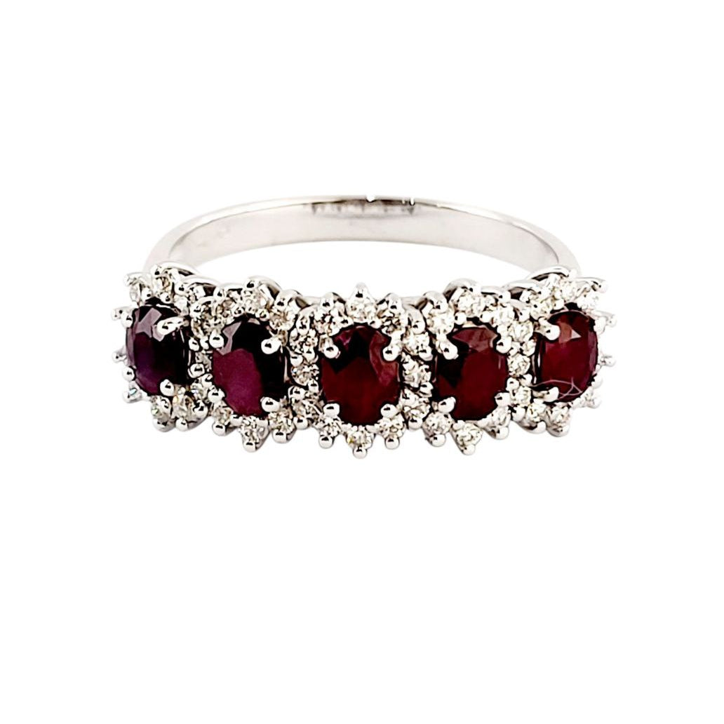 Anello veretta in Oro bianco 18kt con rubino ovale ct 1,25 e Diamanti ct 0,32