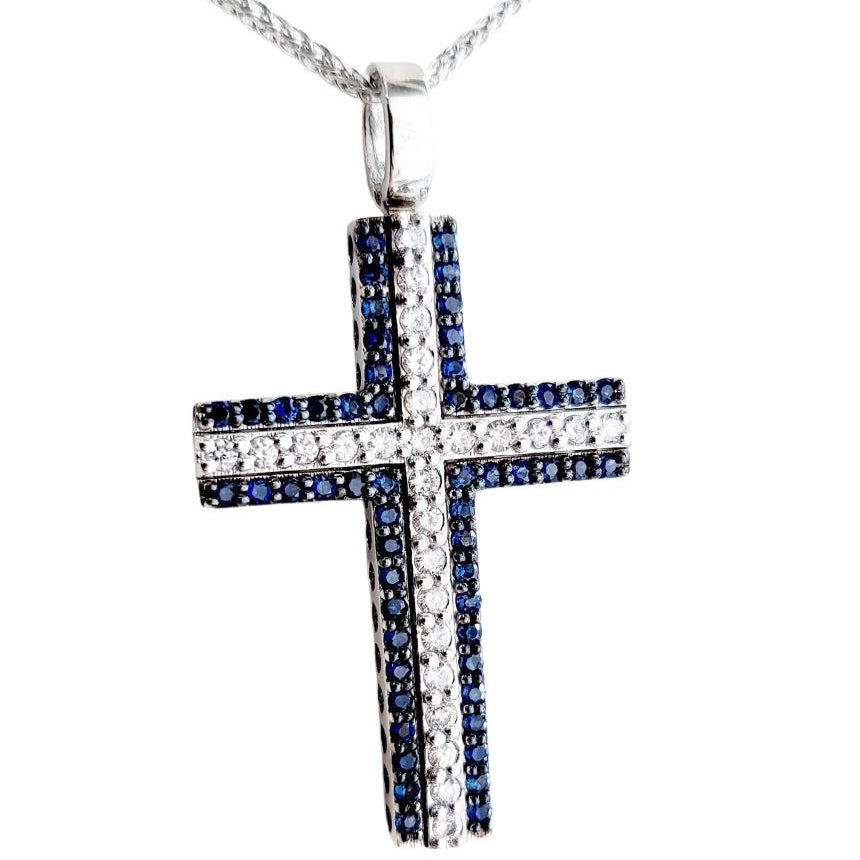 Collana con pendente Croce in Oro Bianco 18 kt -750  Zaffiri 0.69 ct Diamanti 0.39 ct