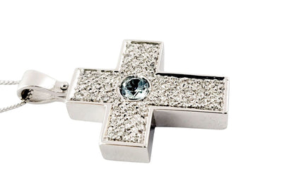 Collana con Croce  Diamanti ct 0,75 e Zaffiro  ct 0,25 in Oro Bianco 18 Kt (750)