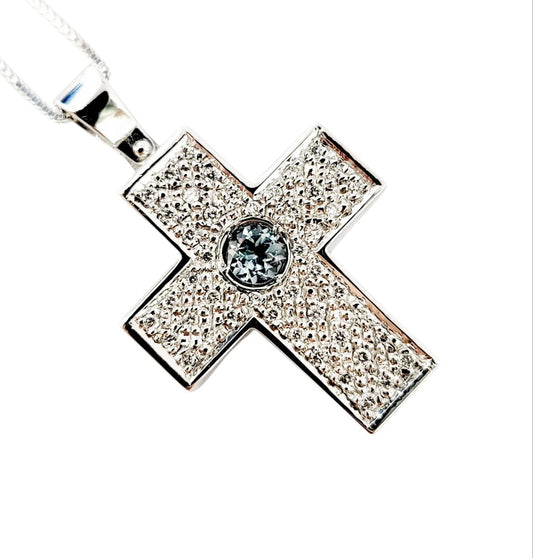 Collana con Croce  Diamanti ct 0,75 e Zaffiro  ct 0,25 in Oro Bianco 18 Kt (750)