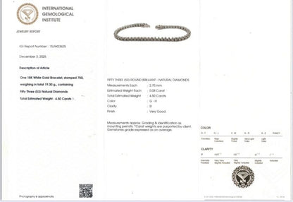 Bracciale Tennis con diamanti ct 4,50 in oro bianco 18kt (750) con certificato IGI
