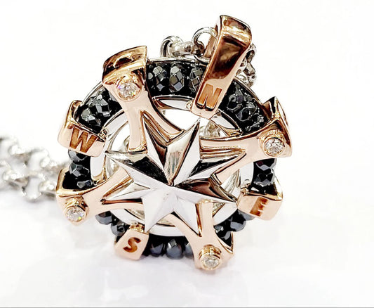 Collana con pendente  Uomo Rosa Dei Venti Oro 18kt-750 Diamanti Ematite Sfaccettati