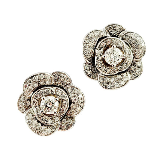 Orecchini fiore camelia in Oro Bianco con Diamanti 0,95 ct 18 kt (750)