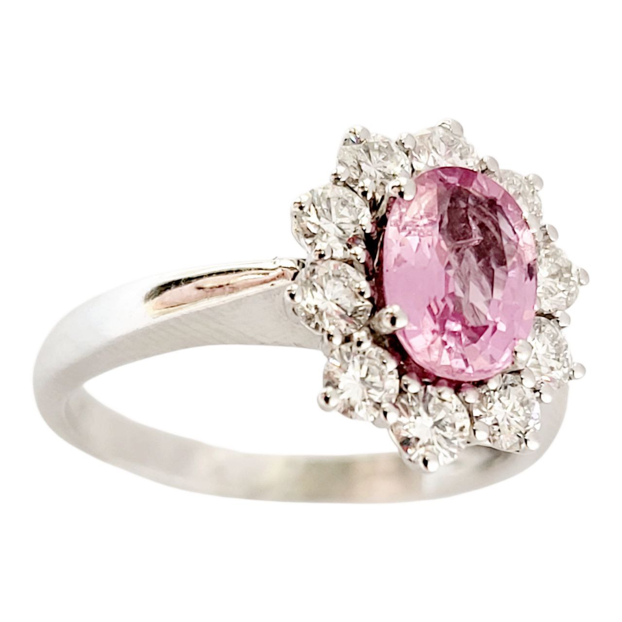 Anello a fantasia con Zaffiro Rosa Naturale ct 1,10 e contorno di Diamanti ct 0,65 in Oro Bianco 18 kt -750 certificato Gem-tech