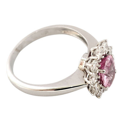 Anello a fantasia con Zaffiro Rosa Naturale ct 1,10 e contorno di Diamanti ct 0,65 in Oro Bianco 18 kt -750 certificato Gem-tech