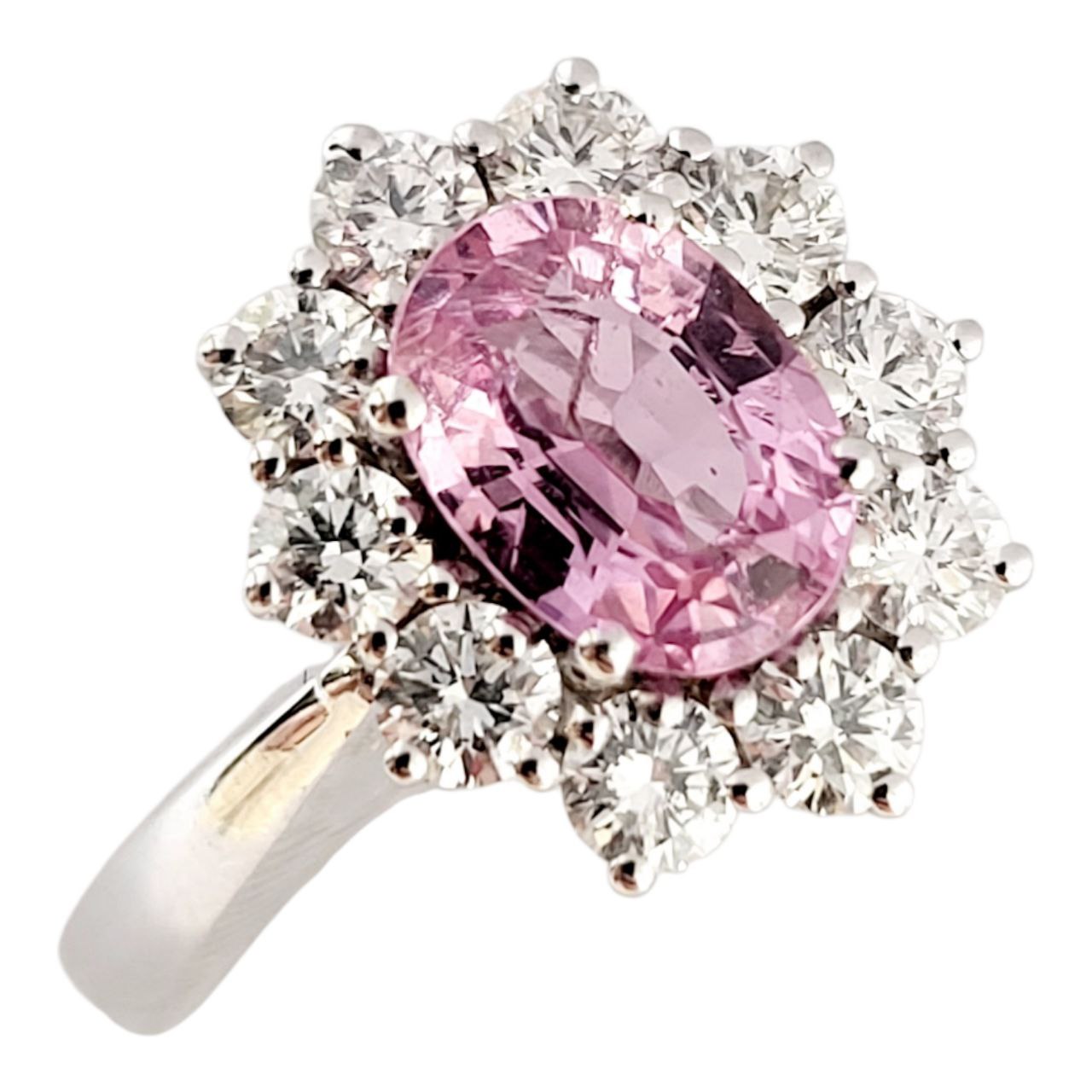 Anello a fantasia con Zaffiro Rosa Naturale ct 1,10 e contorno di Diamanti ct 0,65 in Oro Bianco 18 kt -750 certificato Gem-tech