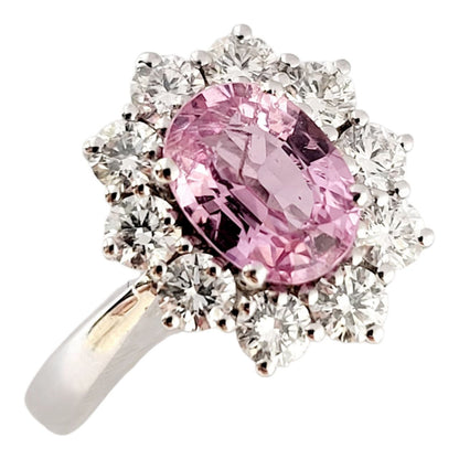 Anello a fantasia con Zaffiro Rosa Naturale ct 1,10 e contorno di Diamanti ct 0,65 in Oro Bianco 18 kt -750 certificato Gem-tech