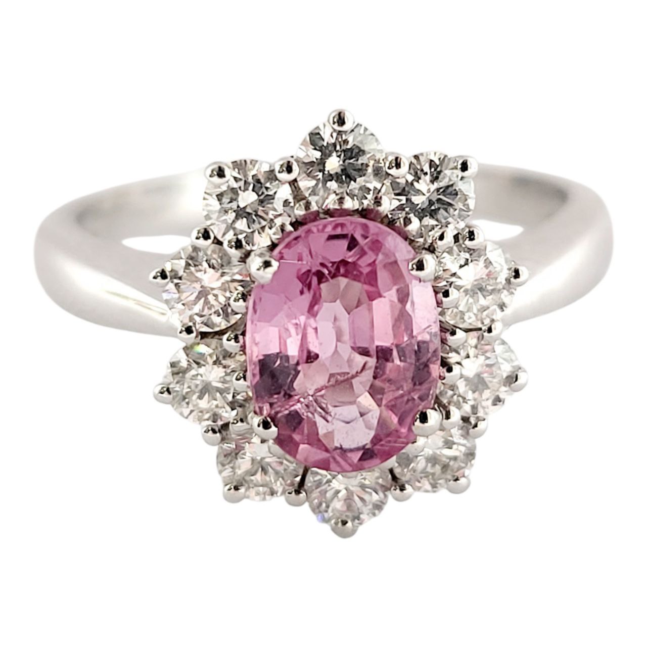 Anello a fantasia con Zaffiro Rosa Naturale ct 1,10 e contorno di Diamanti ct 0,65 in Oro Bianco 18 kt -750 certificato Gem-tech