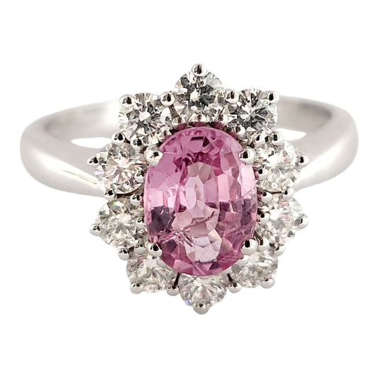 Anello a fantasia con Zaffiro Rosa Naturale ct 1,10 e contorno di Diamanti ct 0,65 in Oro Bianco 18 kt -750 certificato Gem-tech