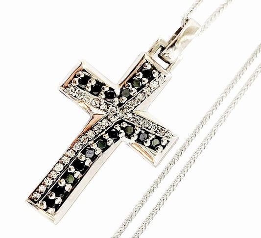 Collana con pendente croce rivisitata Astralia in Oro Bianco con Diamanti neri 0,56 ct e bianchi 0,35 ct 18 kt (750)