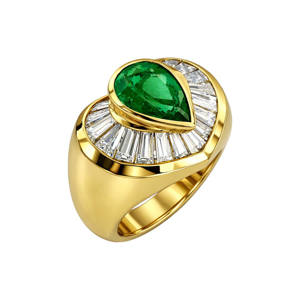 Anello Astralia con Smeraldo ct 2,00 a Goccia e Diamanti ct 0,80 - taglio Baguette con certificato Gem Tech