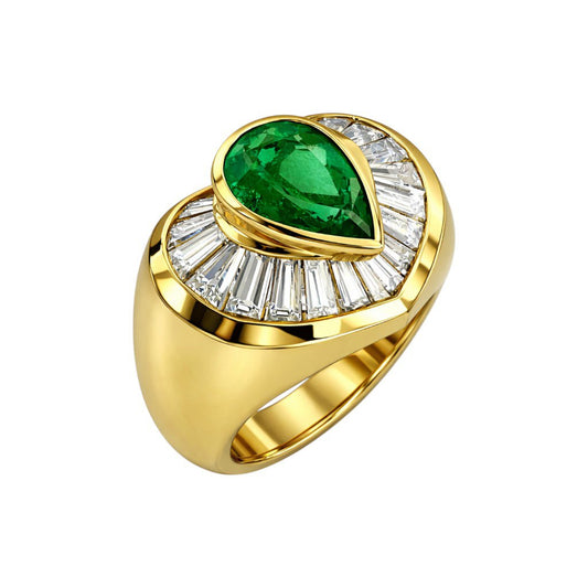 Anello Astralia con Smeraldo ct 2,00 a Goccia e Diamanti ct 0,80 - taglio Baguette con certificato Gem Tech