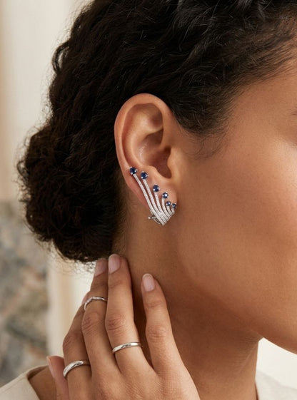 Orecchini a Ventaglio ear climber in Oro Bianco con Zaffiri Blu e Diamanti 18kt -750