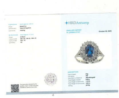 Anello con doppio contorno di diamanti ct 1,12 e zaffiro blu ovale Ct 3,35 in oro bianco 18kt (750) hrd Antwerp
