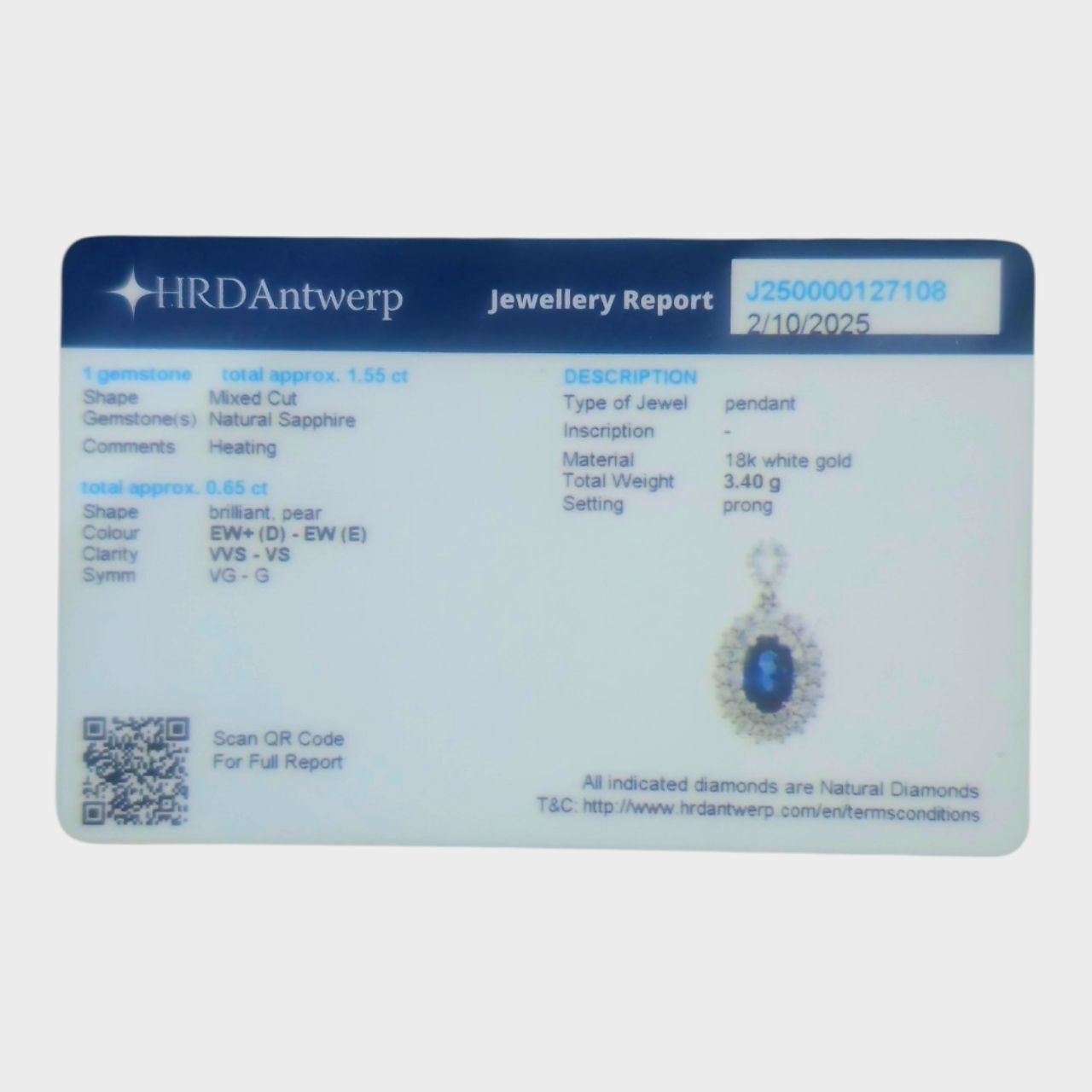 Collana con pendente impreziosito da un doppio contorno di diamanti ct 0,65 e zaffiro blu ovale Ct 1,55 in oro bianco 18kt (750) hrd Antwerp