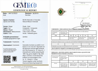 Anello con diamanti ct 0,75 e smeraldo ct 0,75 in oro bianco e rosa 18kt (750) certificazione gemmologica Gem Tech